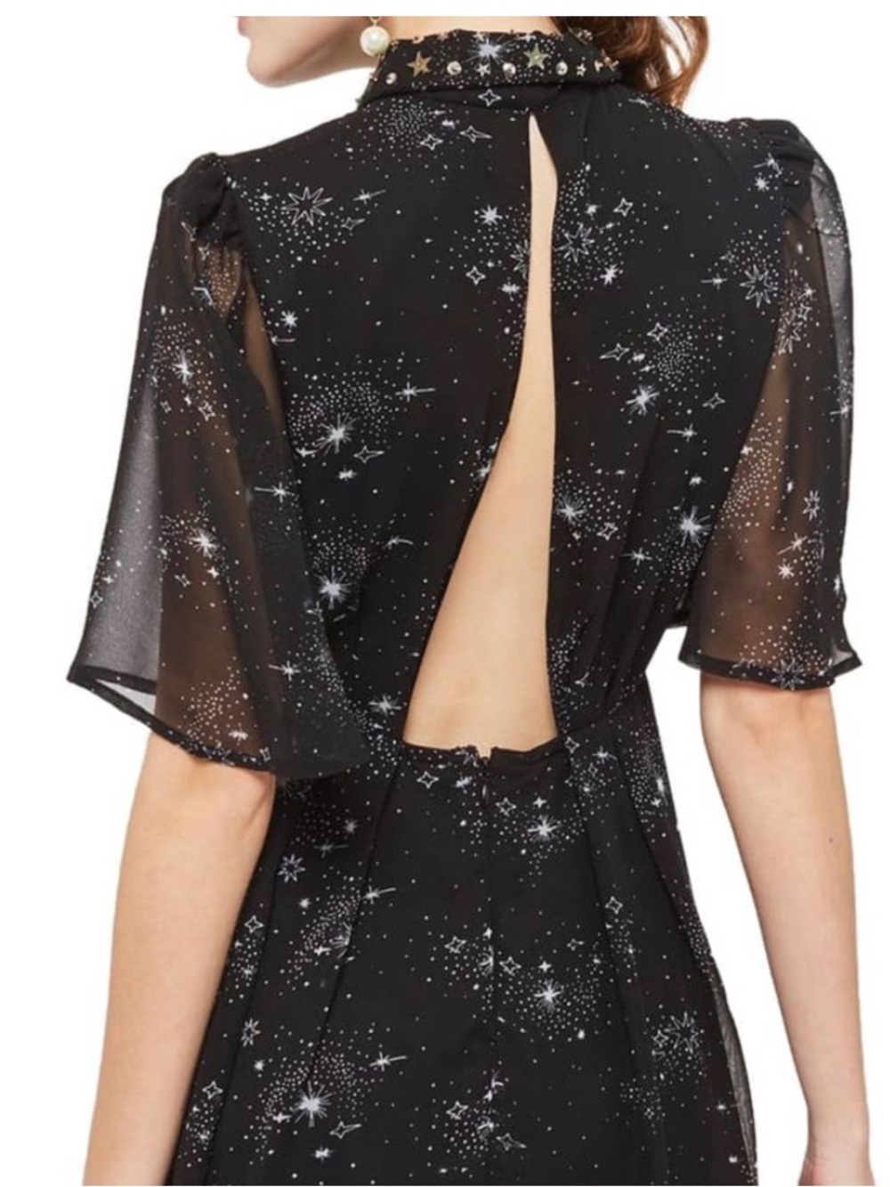 Topshop Black ✨ Celestial Star-Print bell Sleeve Fit & Flare Dress - Picture 3 of 11